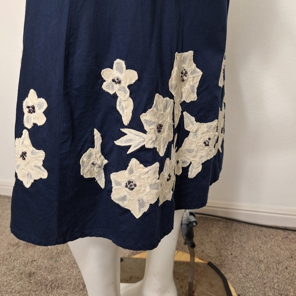 Odille Anthropologie Navy Blue Cream Rice Paper Garden Floral Midi Dress Size 2 - Picture 11 of 13